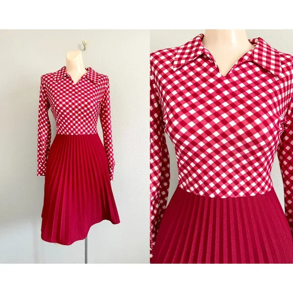 Vintage 60s 70s Red Check Skater Accordion Pleated Dagger Collar Mod Red Dress - Picture 1 of 15